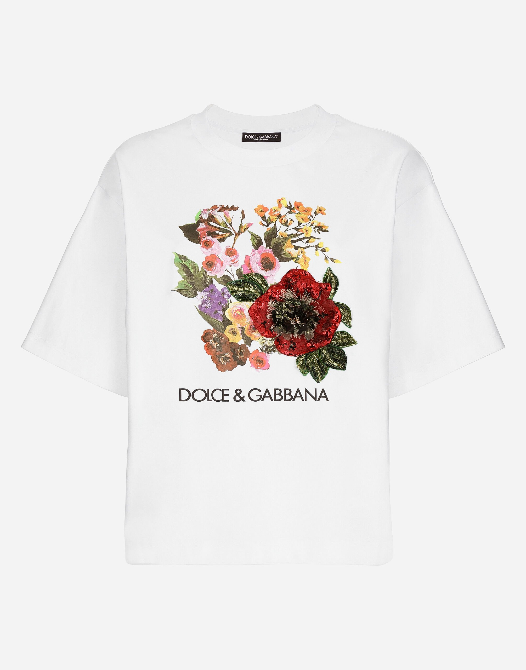 Dolce & Gabbana T-shirt in jersey con stampa e ricamo fiore Stampa F6FAITFSTBJ