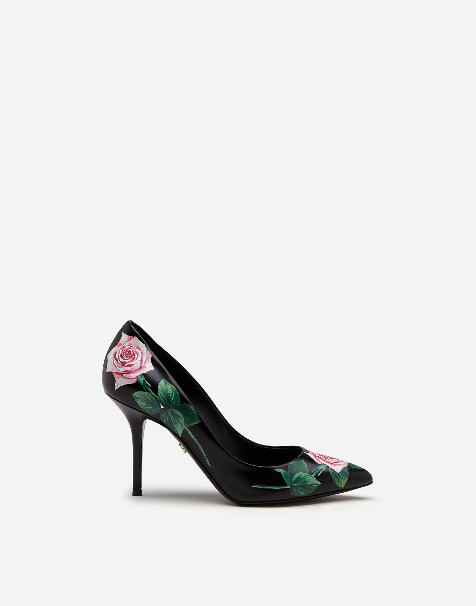 POLISHED CALFSKIN TROPICAL ROSE PRINT PUMPS