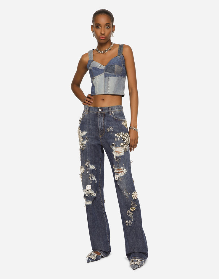 Dolce & Gabbana Denim jeans with ripped details and appliqués Multicolor FTCGNZG8HO0