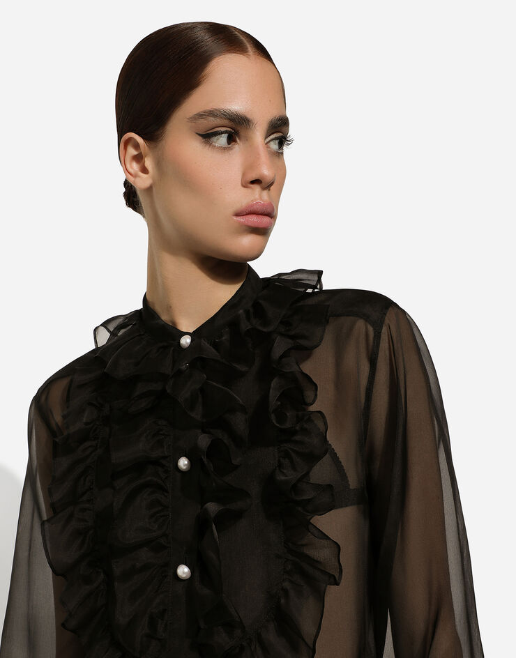Dolce & Gabbana Bluse aus Organza mit Plastron und Volant Black F5S10TFU1BU