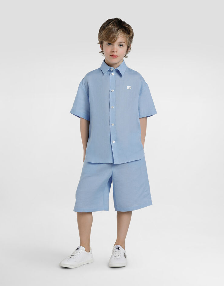 Dolce & Gabbana Short-sleeved linen canvas shirt Azure L44S55FU4MH