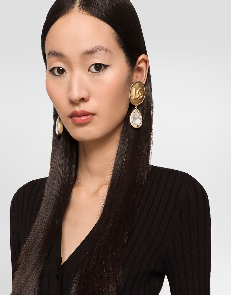 Dolce&Gabbana Earrings with logo coin and rhinestone pendants Dolce&Gabbana Earrings with logo coin and rhinestone pendants Gold WEP8L7W1111