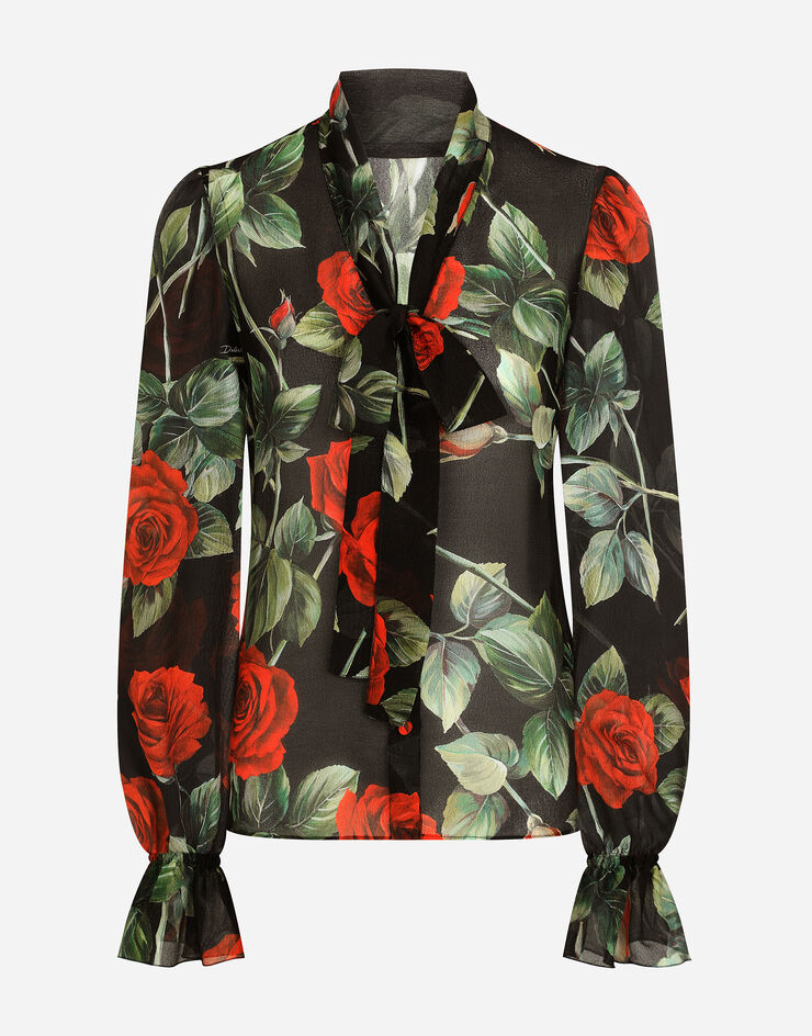 Dolce & Gabbana Textured chiffon pussy-bow shirt with rose print Multicolor F5N69TIS1JB