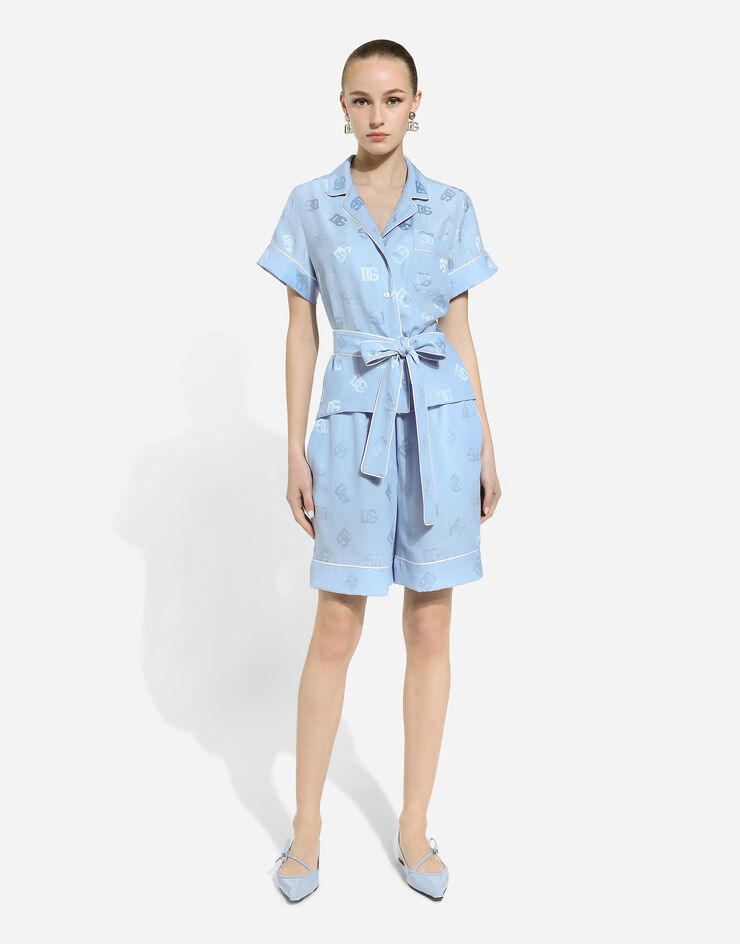 Dolce & Gabbana Short-sleeved silk satin jacquard pajama shirt with DG logo Azure F5G67TFJ1JO