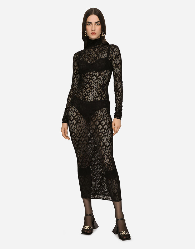 Dolce & Gabbana Longuette-Kleid aus Tüll mit DG-Logo allover Schwarz F6ATRTFLEAQ