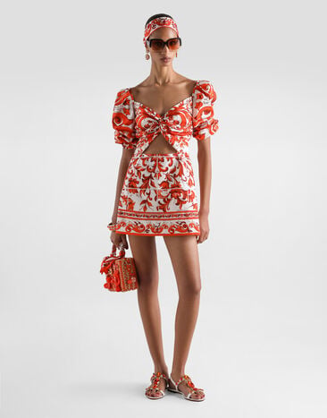 Dolce & Gabbana Short poplin dress in majolica-print poplin Multicolor F614STGDDRD