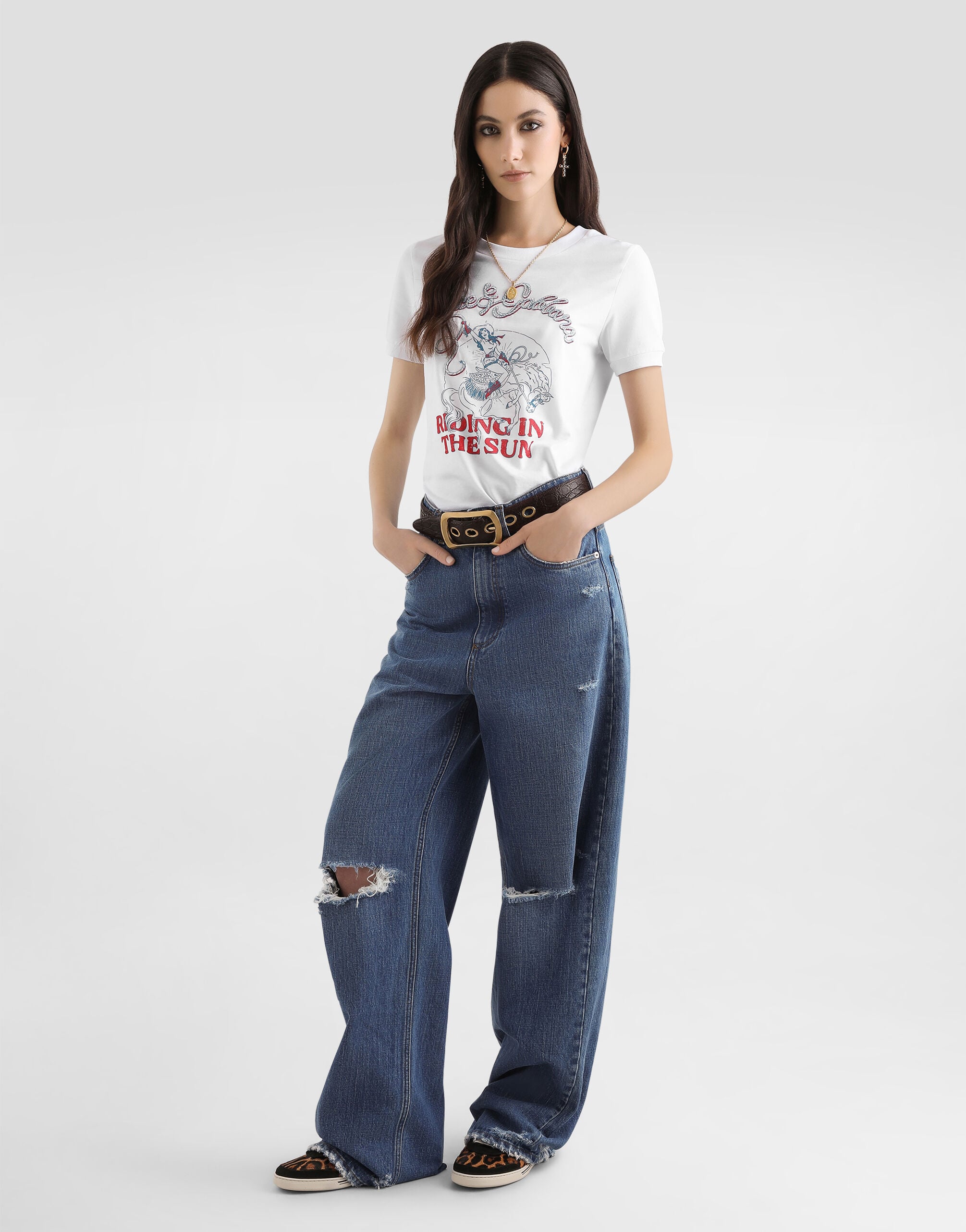 Jersey t-shirt with print and embroidery in White for Women