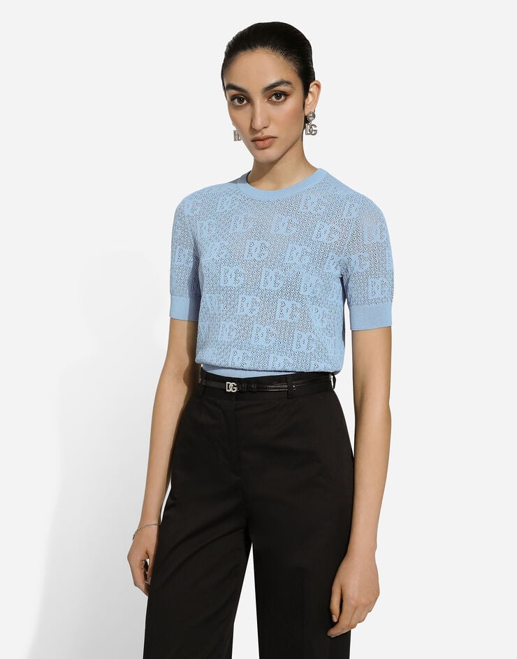 Dolce & Gabbana Lace-stitch viscose sweater with jacquard DG logo Azure FXX03TJFMGR