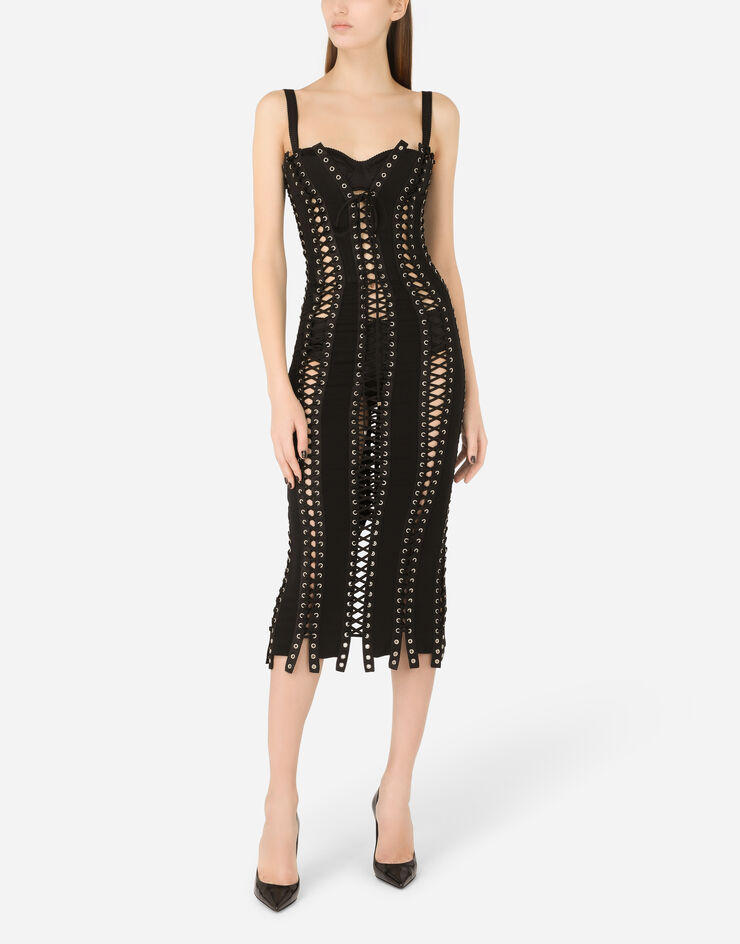 Dolce & Gabbana Vestido longuette de charmeuse con cordones y ojetes Negro F6D6HTFUADB