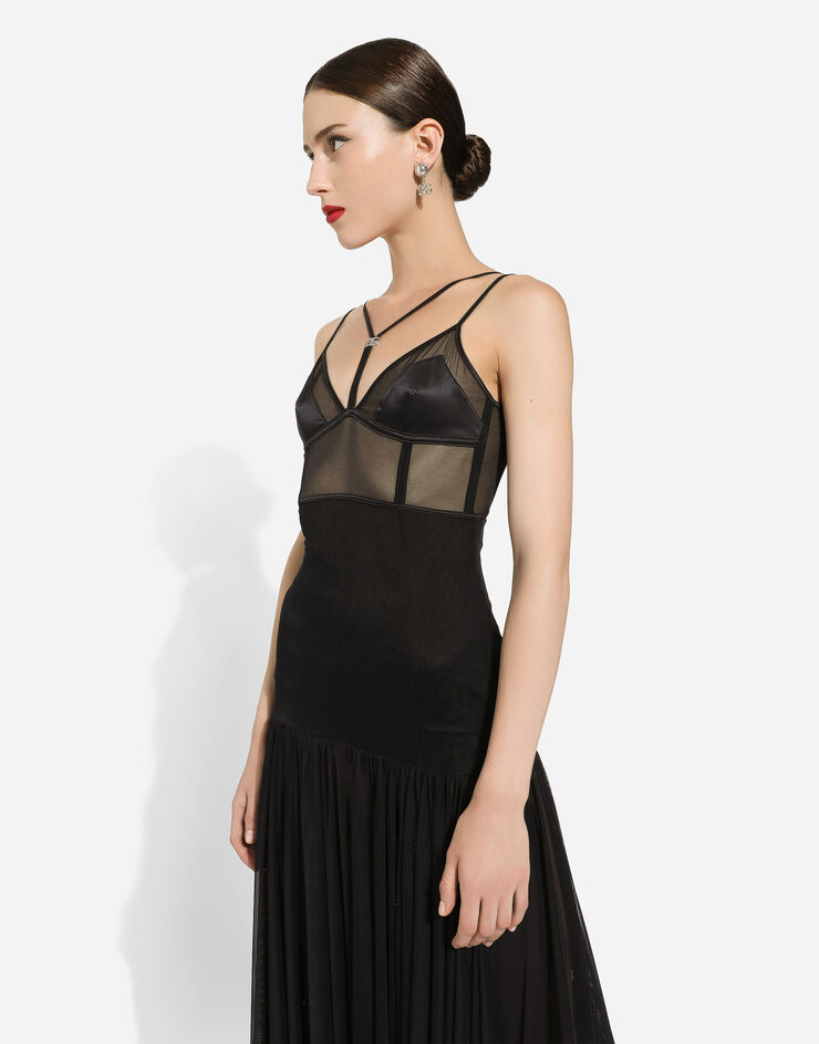 Dolce & Gabbana Vestido longuette de tul con detalles lenceros y logotipo DG Negro F6DCJTFLREY