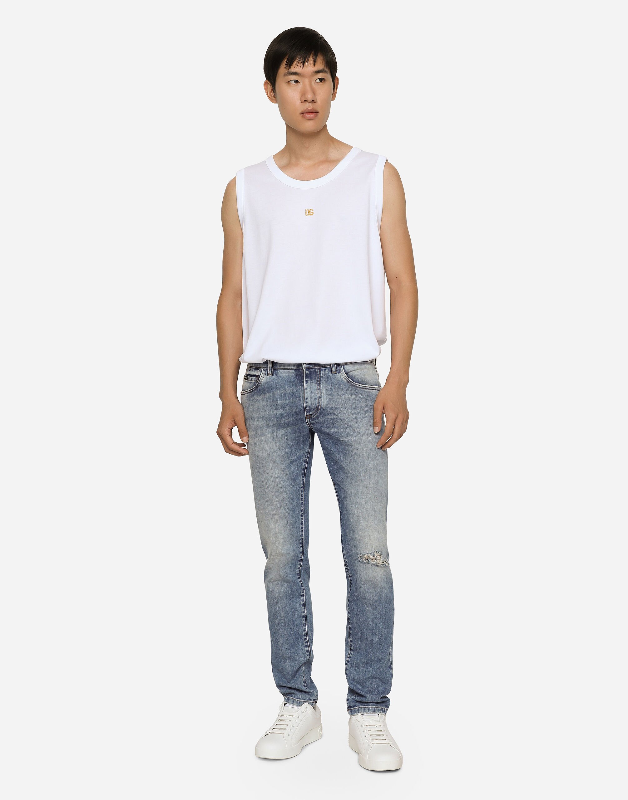 Light blue skinny stretch jeans with rips in Multicolor for Men Dolce Gabbana