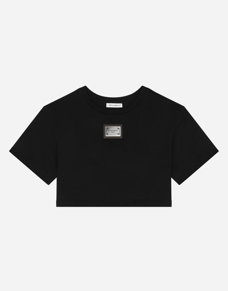 Dolce & Gabbana T-shirt in jersey con placca logo Black L5JTLBG7JL0