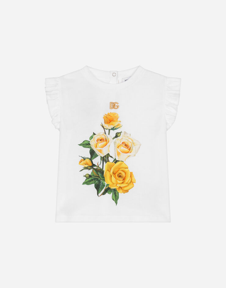 Dolce & Gabbana Jersey T-shirt with yellow rose print and DG logo Print L2JTKMG7G9V