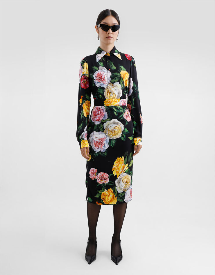 Peony and rose print charmeuse calf length skirt in Print for Women