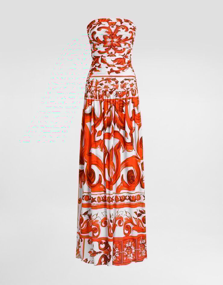 Dolce & Gabbana Vestido largo en organza con estampado de mayólica Multicolor F614VTFS8DR