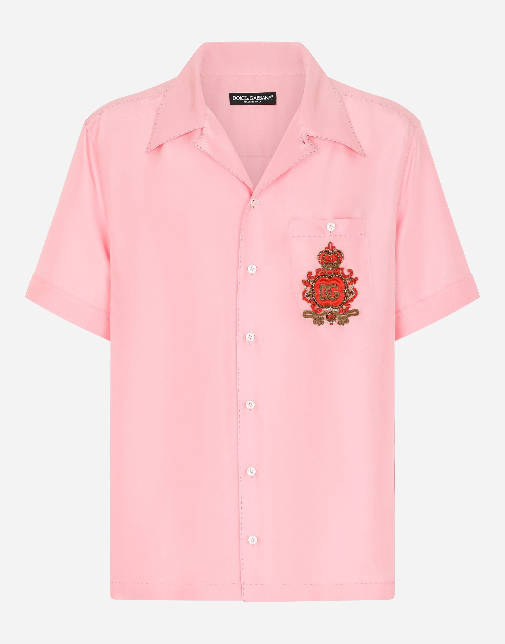 Dolce & Gabbana Coral-print silk Hawaiian shirt with patch Pale Pink I5956MFU1AU