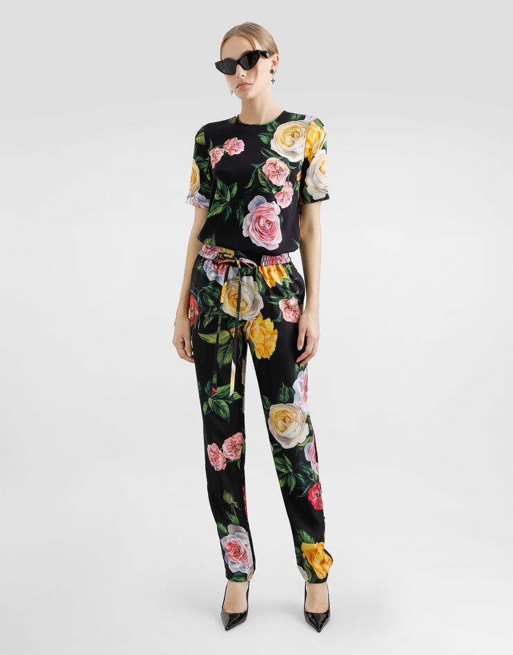 Dolce & Gabbana Bluse aus Seidencharmeuse Pfingstrosen- und Rosenprint Drucken F7AO2TFSA7B