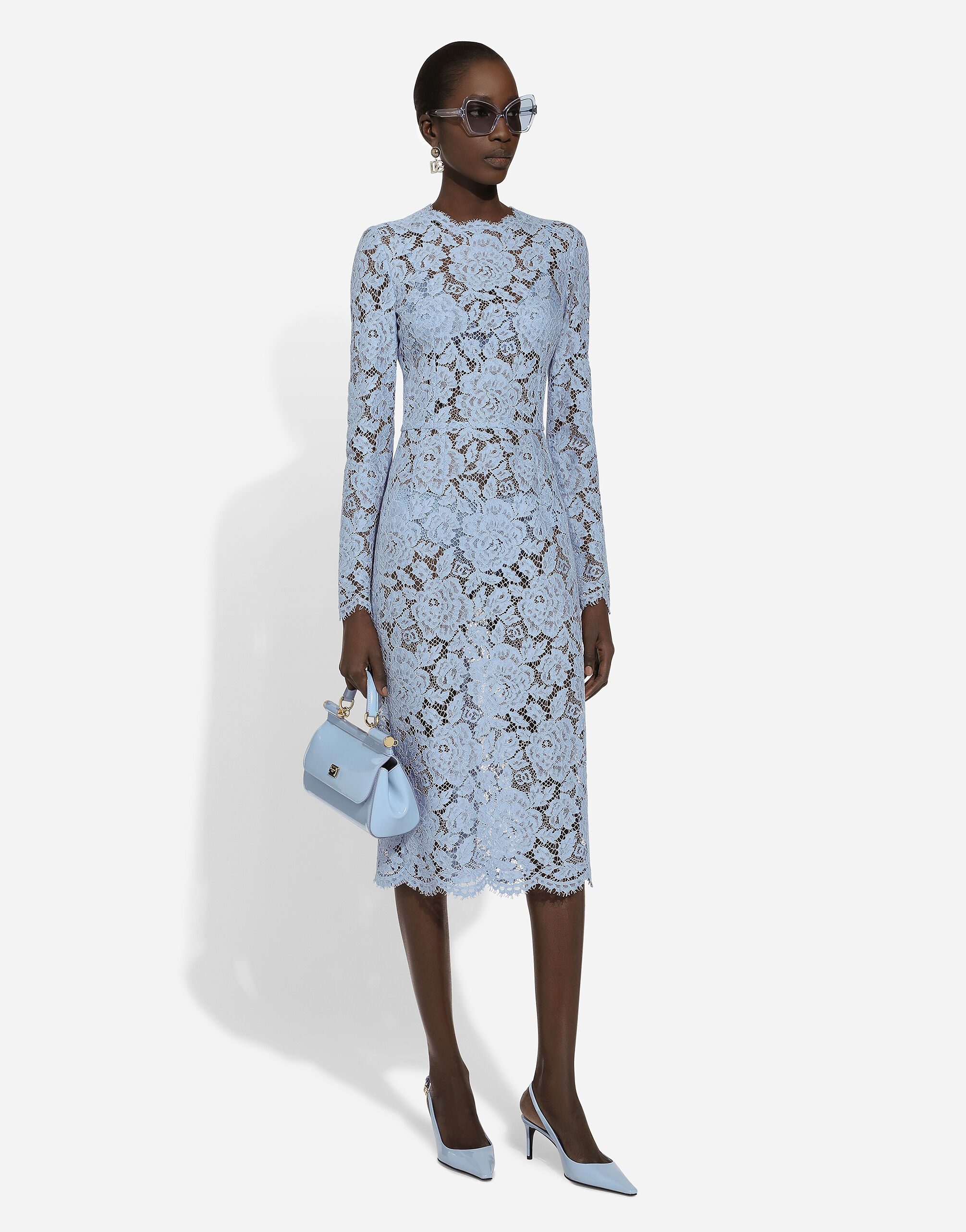 Calf length sheath dress in branded floral cordonetto lace in Light Blue for Women Dolce Gabbana