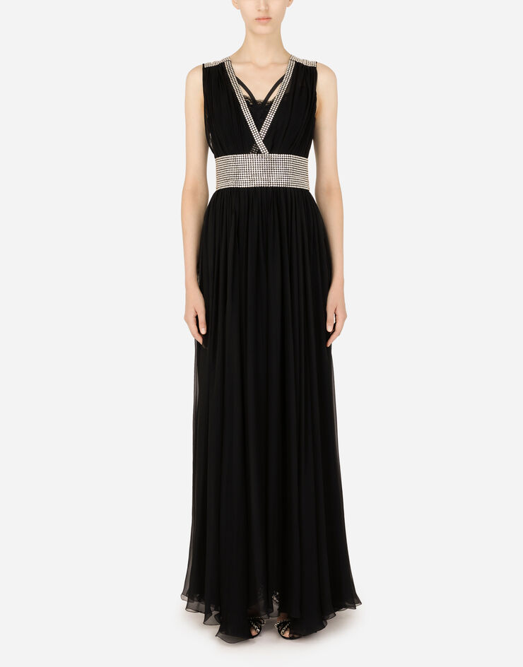 Dolce & Gabbana Robe longue en mousseline avec broderie de strass thermocollants Noir F6ZO1ZGD32T