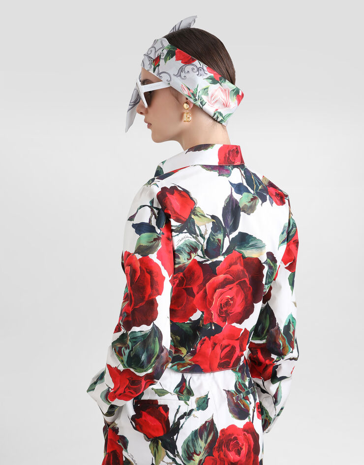 Dolce & Gabbana Cropped cotton pussy-bow shirt with rose print Print F5S65THS5S2