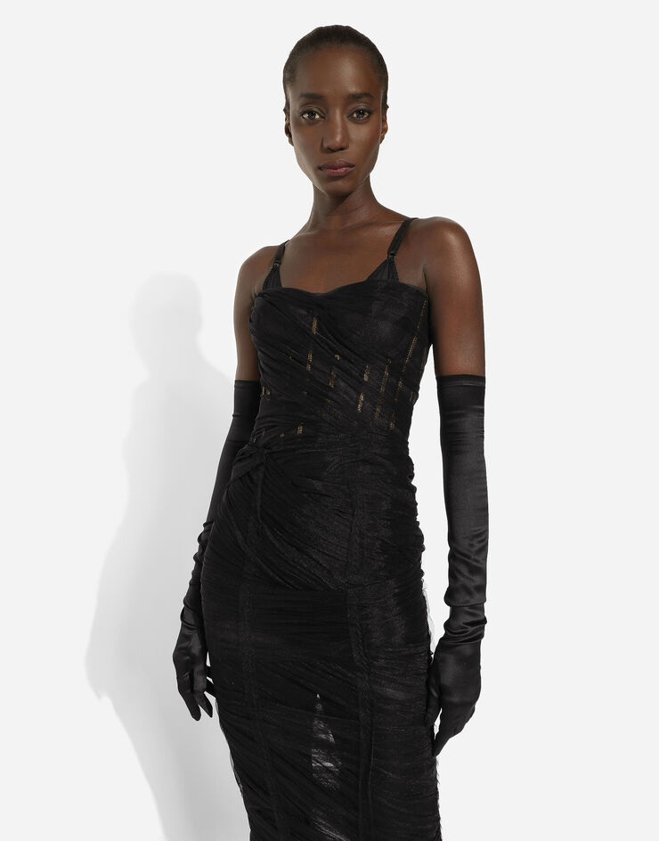 Dolce&Gabbana Tulle calf-length corset dress with draping Black F6DJYTHLUAC