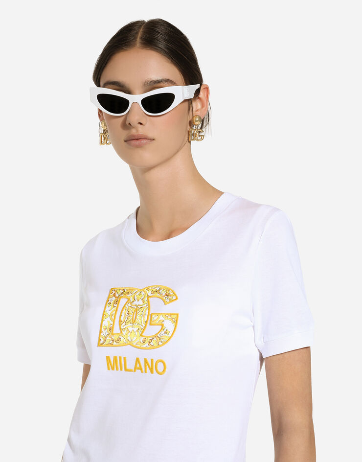 Cotton jersey T-shirt with majolica-print DG logo patch in 