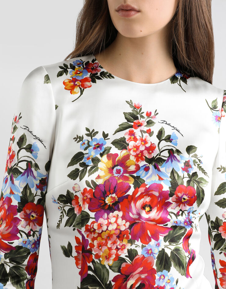 Dolce & Gabbana Abito tubino in raso stampa mazzo di fiori Multicolore F612VTFSICE