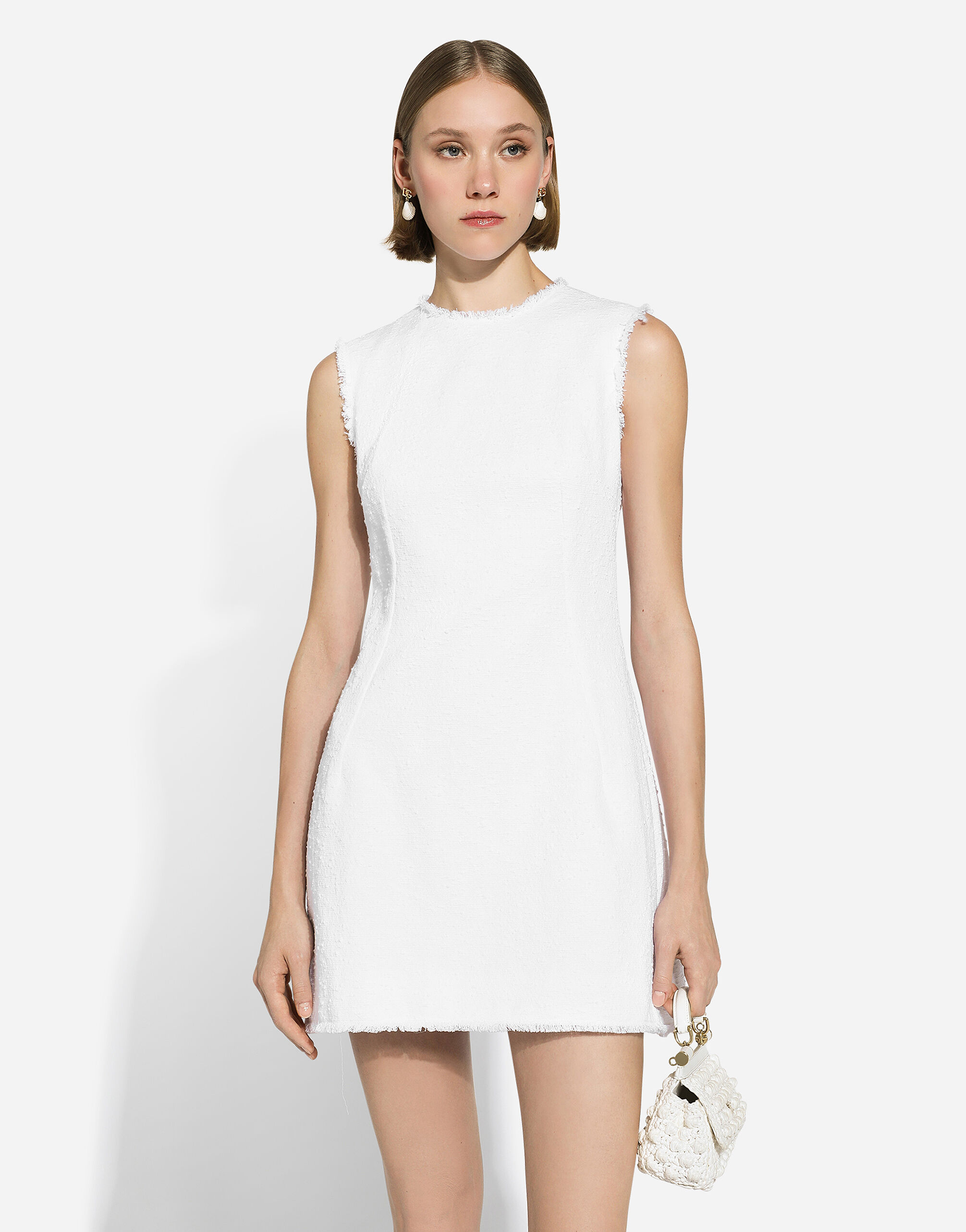 Short cotton raschel tweed dress in White for Women Dolce Gabbana US