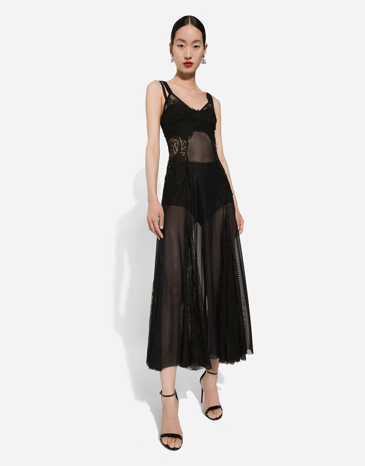 Dolce & Gabbana Longuette-Kleid im Slip-Dress-Stil aus Tüll mit Einsätzen aus Spitze Schwarz F6HASTFLRC2