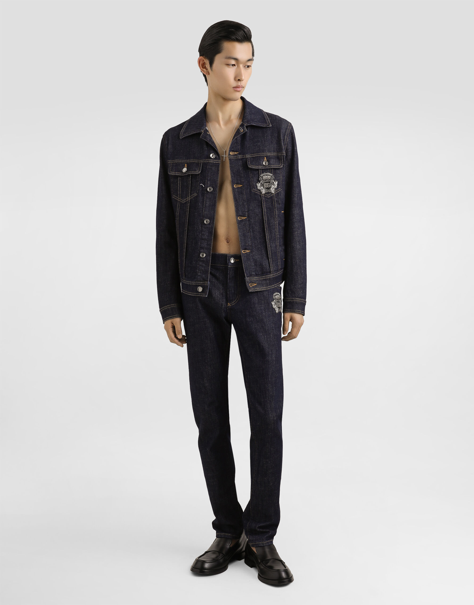 Skinny stretch cotton jeans with patch in Multicolor for Men
