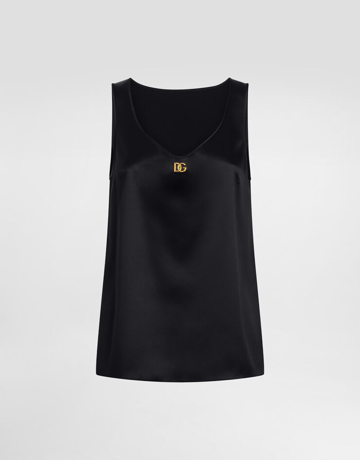 Dolce & Gabbana Tanktop aus Satin mit DG-Logo-Pin Schwarz F7AK5TFURAG