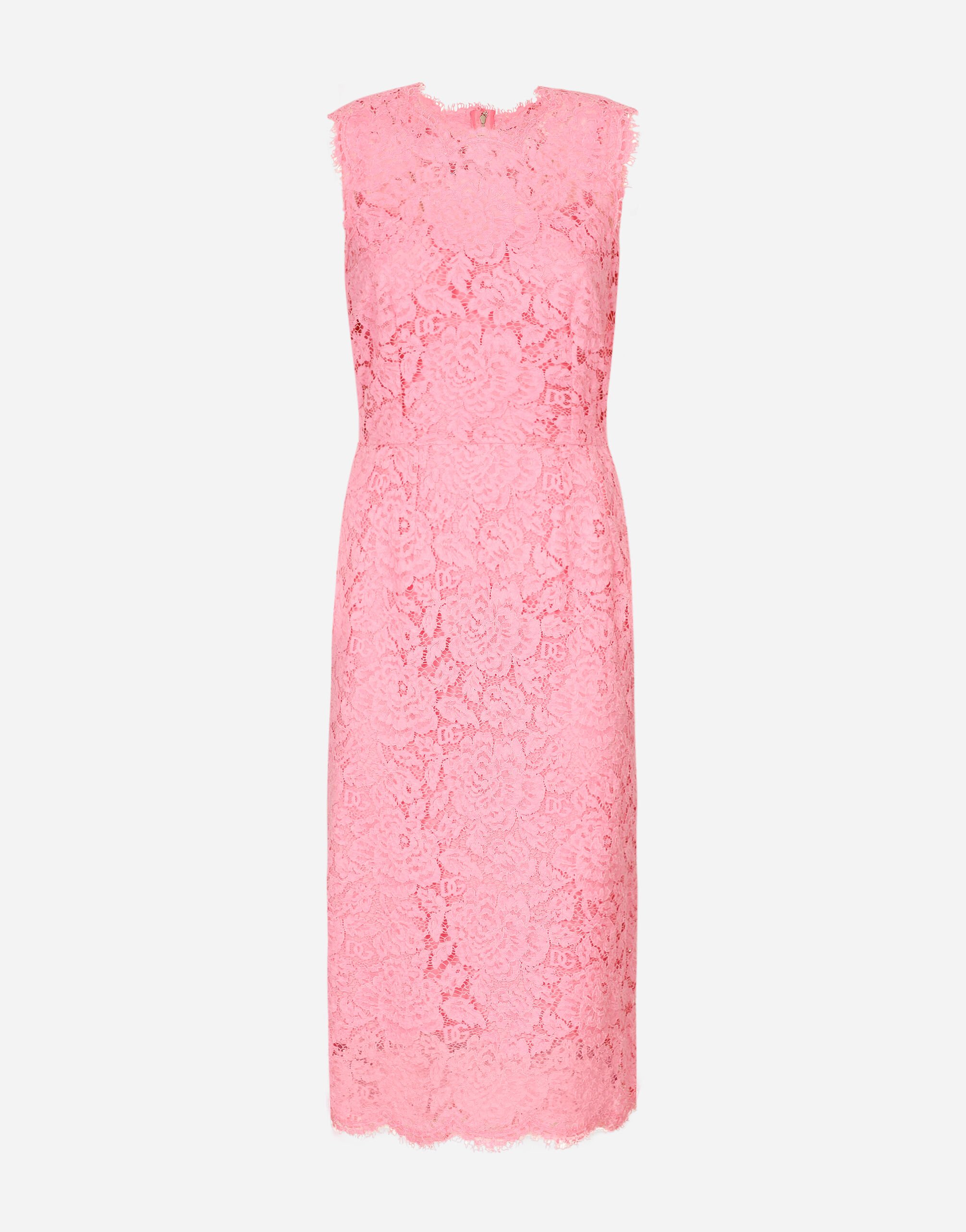 Dolce & Gabbana Longuette-Kleid aus elastischer Spitze mit Logo Rosa F79DATFMMHN