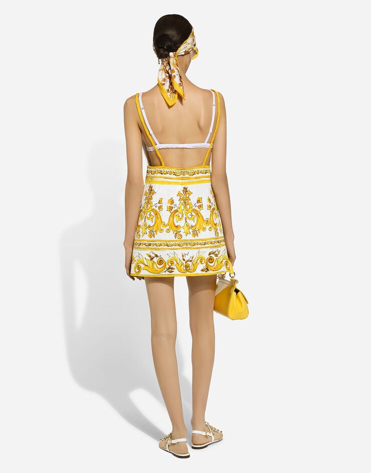 Dolce & Gabbana Kurzes Kleid aus Brokat Majolika-Print mit Trägern Drucken F6JIATFPTAW