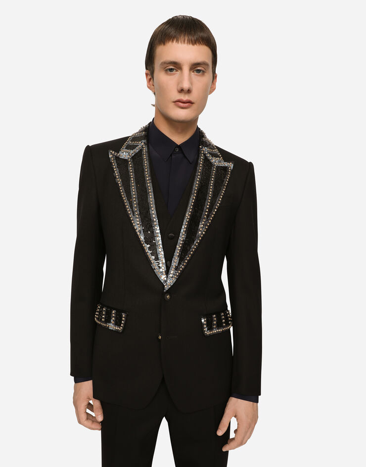 Dolce & Gabbana Three-piece stretch wool Sicilia-fit suit with rhinestones Black GKGIMZFUBE7