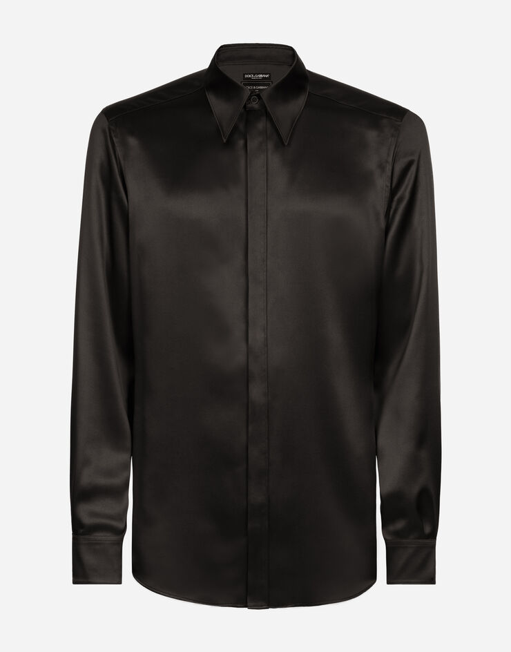Dolce&Gabbana Silk satin Martini-fit shirt with metal DG logo Black I5955MFU1AU