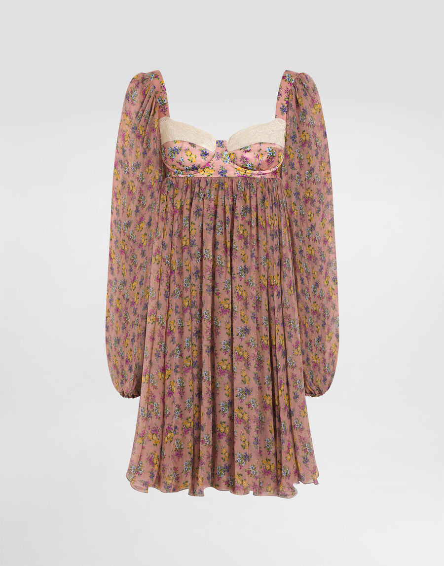 Small floral-print chiffon dress with lace