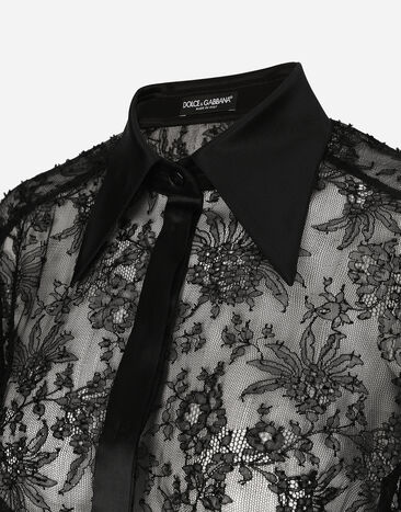Dolce&Gabbana Camicia in pizzo chantilly con dettagli in raso Nero F5R42TMLMAE