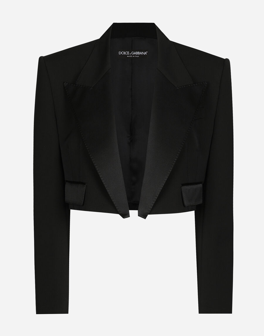 Short wool gabardine tuxedo jacket