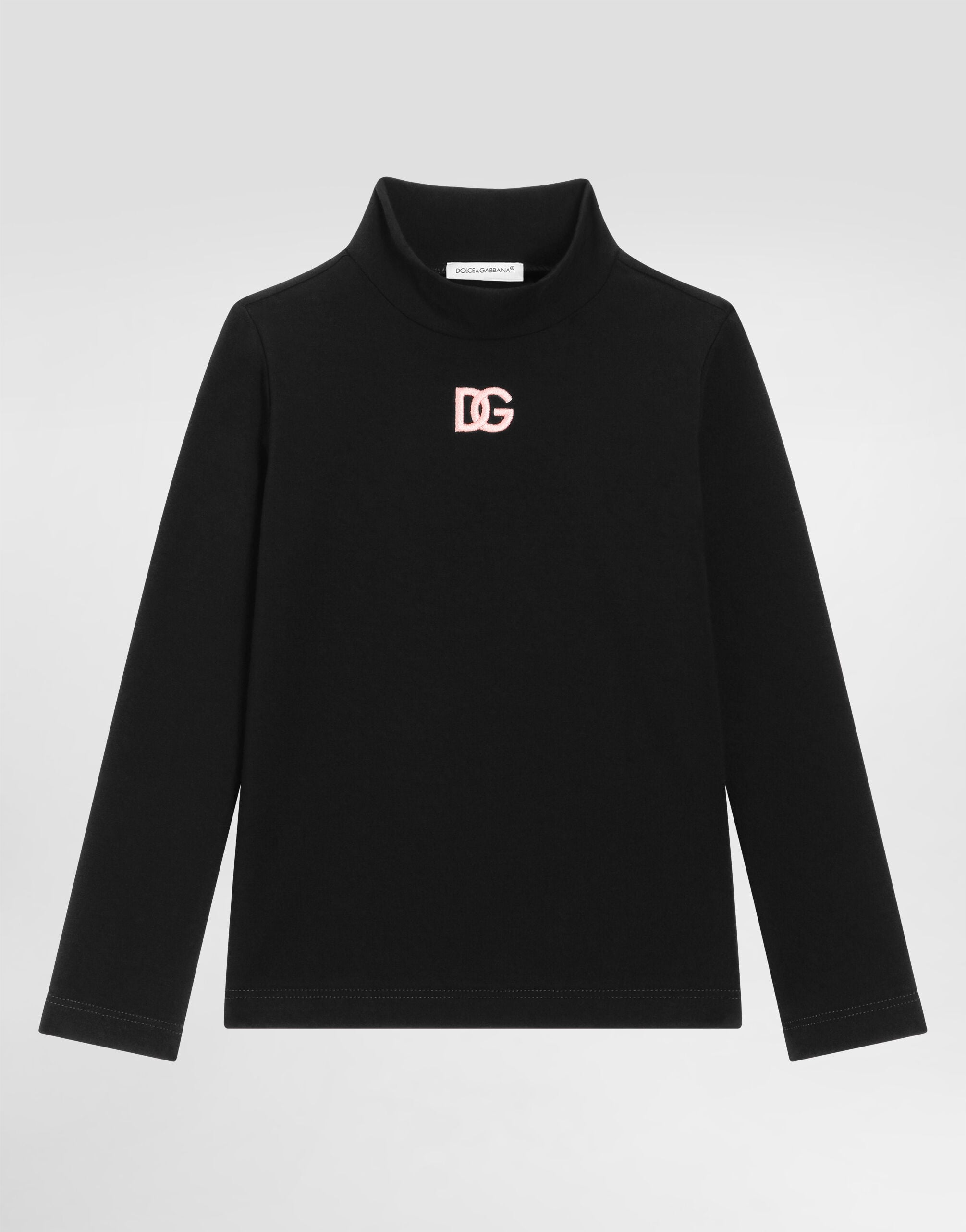【Dolce & Gabbana】 半袖ニット シルク70% カシミヤ混 黒BK Interlock turtleneck with DG logo embroidery in Black for Girls