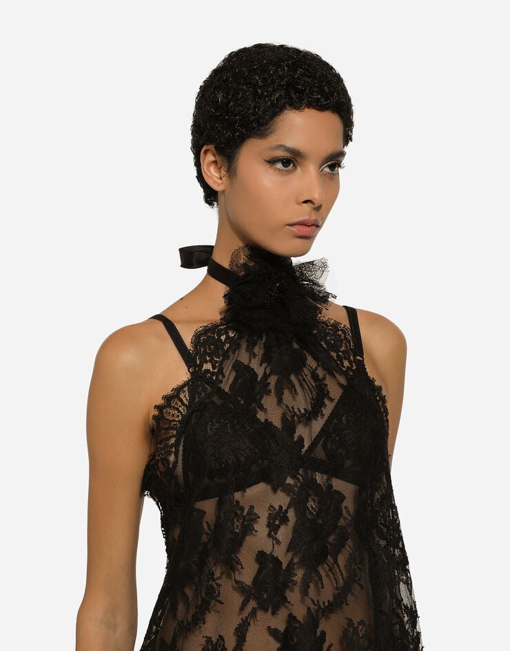 Dolce & Gabbana Asymmetrical lace top with flower detail on neck Black F79EPTHLM44