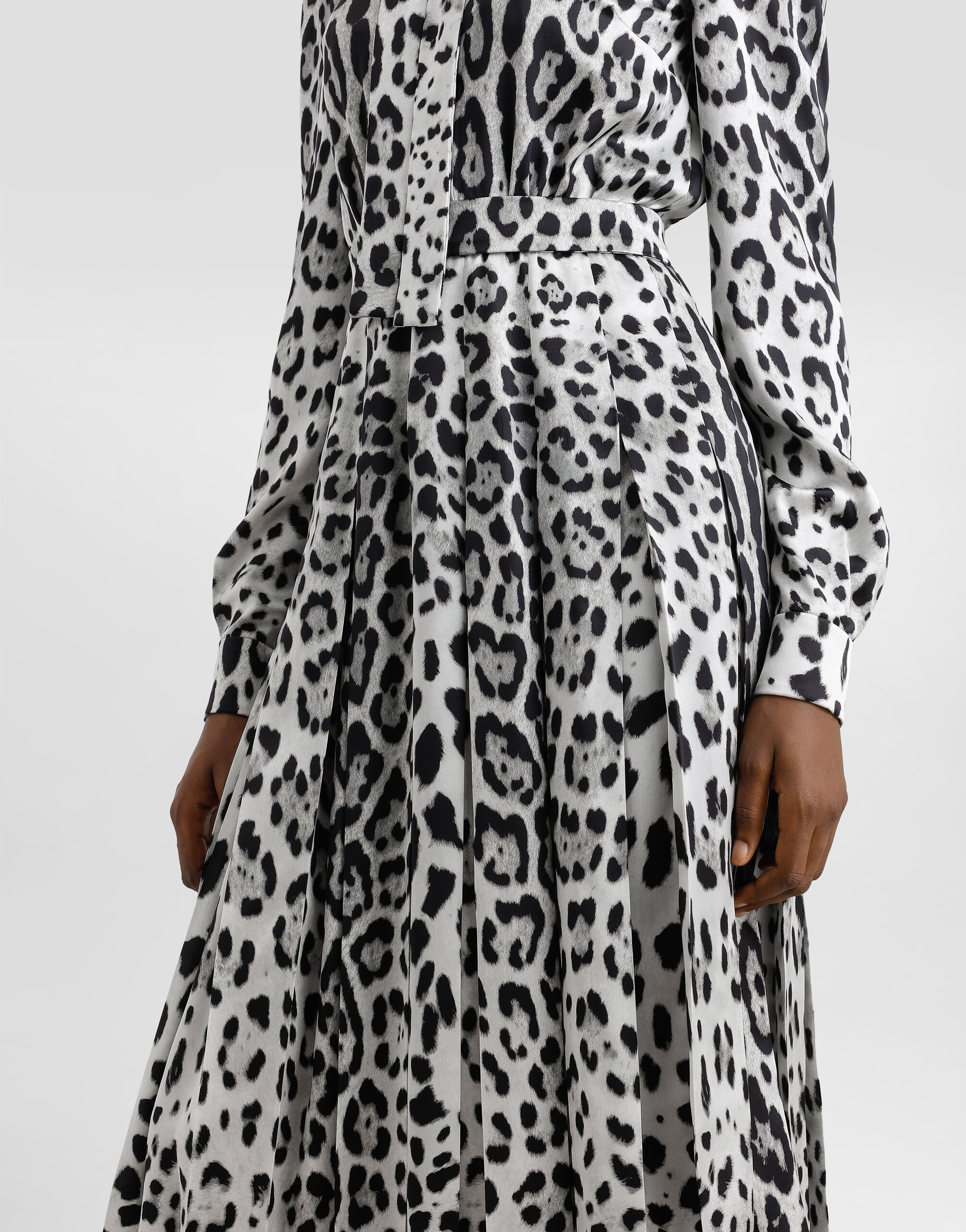 Satin calf-length shirt dress with pussy-bow and leopard print in