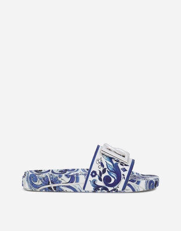 Dolce & Gabbana Calfskin beachwear sliders in majolica-design rubberized calfskin Multicolor CW2059AB816