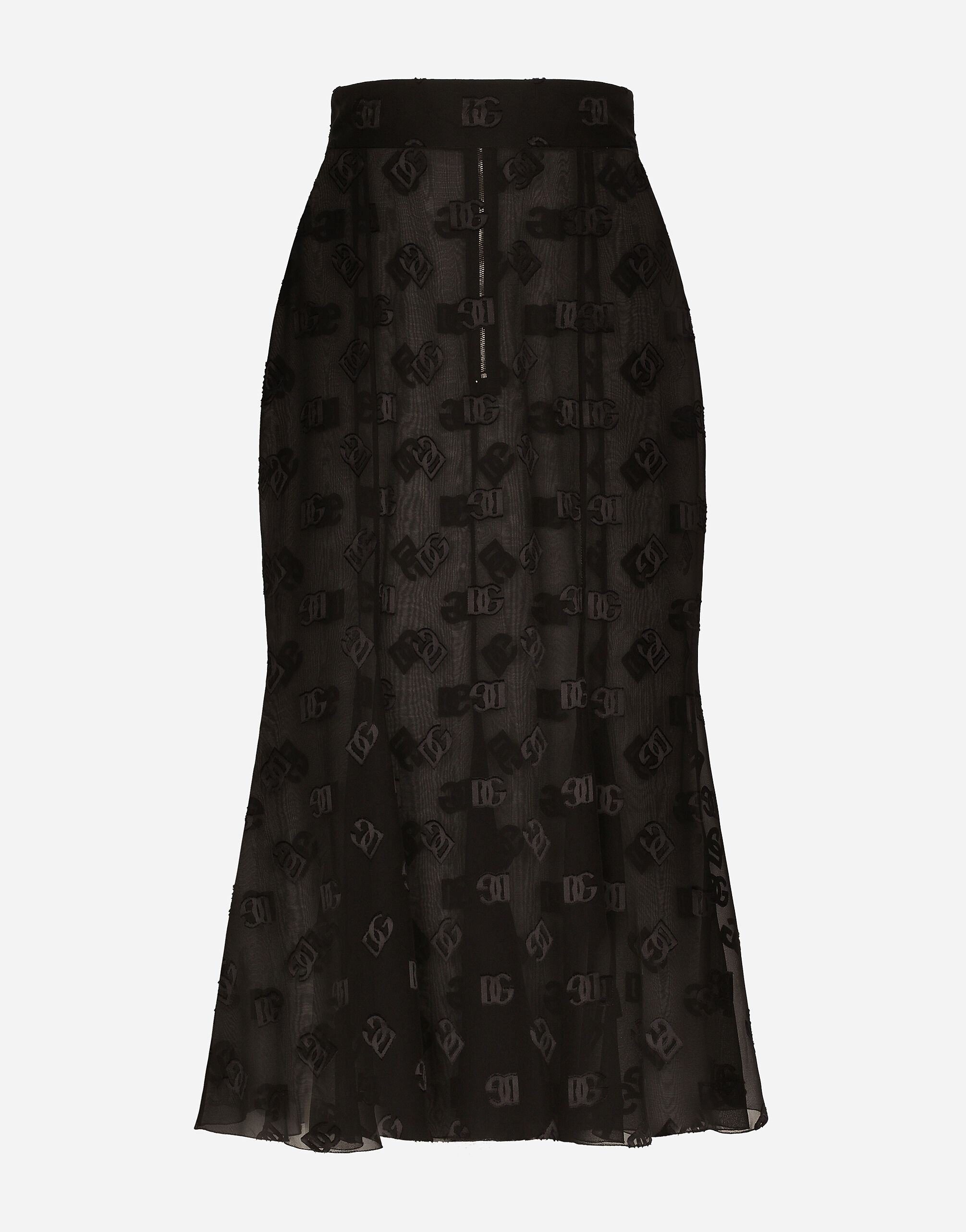 Dolce & Gabbana Dévoré satin godet skirt with DG logo Print F4CFETHS5NO