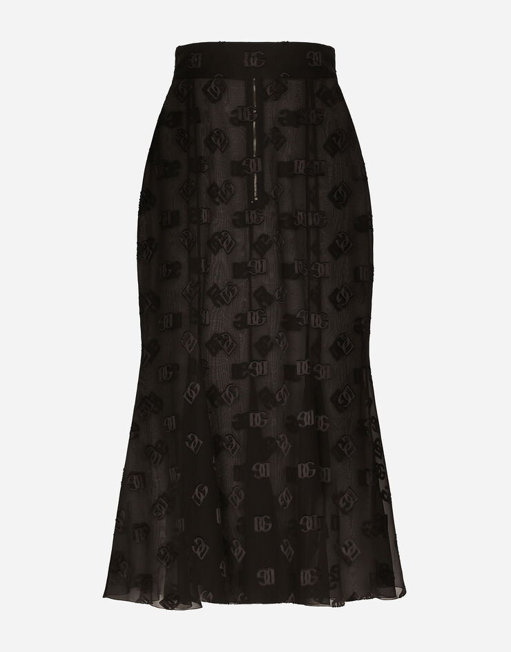 Dolce & Gabbana Dévoré satin godet skirt with DG logo Black F4CCHTFJ9AF