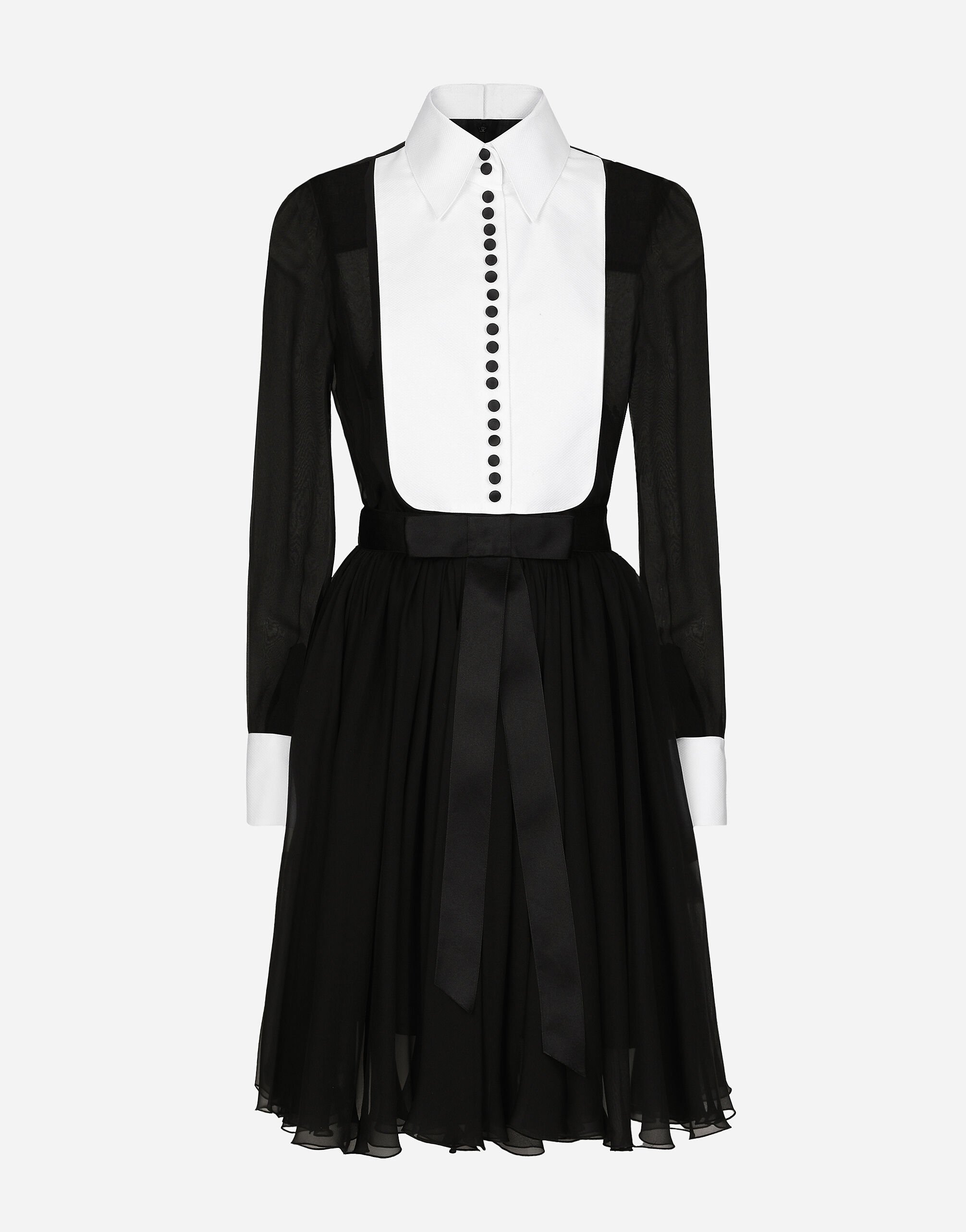 Dolce & Gabbana Vestido camisero midi de chifón con plastrón y puños de piqué Negro F79EPTHLM44