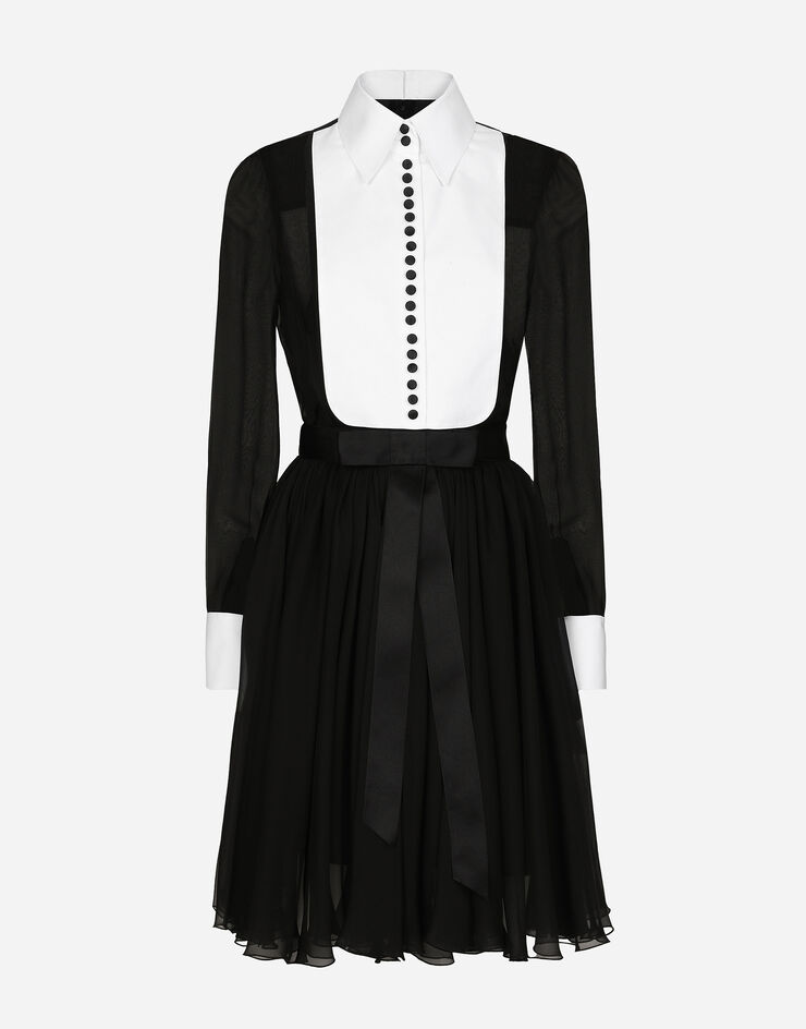Dolce & Gabbana 珠地袖口与胸饰雪纺衬衫式中长连衣裙 黑 F6JGXTFU1AT