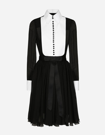 Dolce & Gabbana 珠地袖口与胸饰雪纺衬衫式中长连衣裙 黑色 F63H1TGDC38