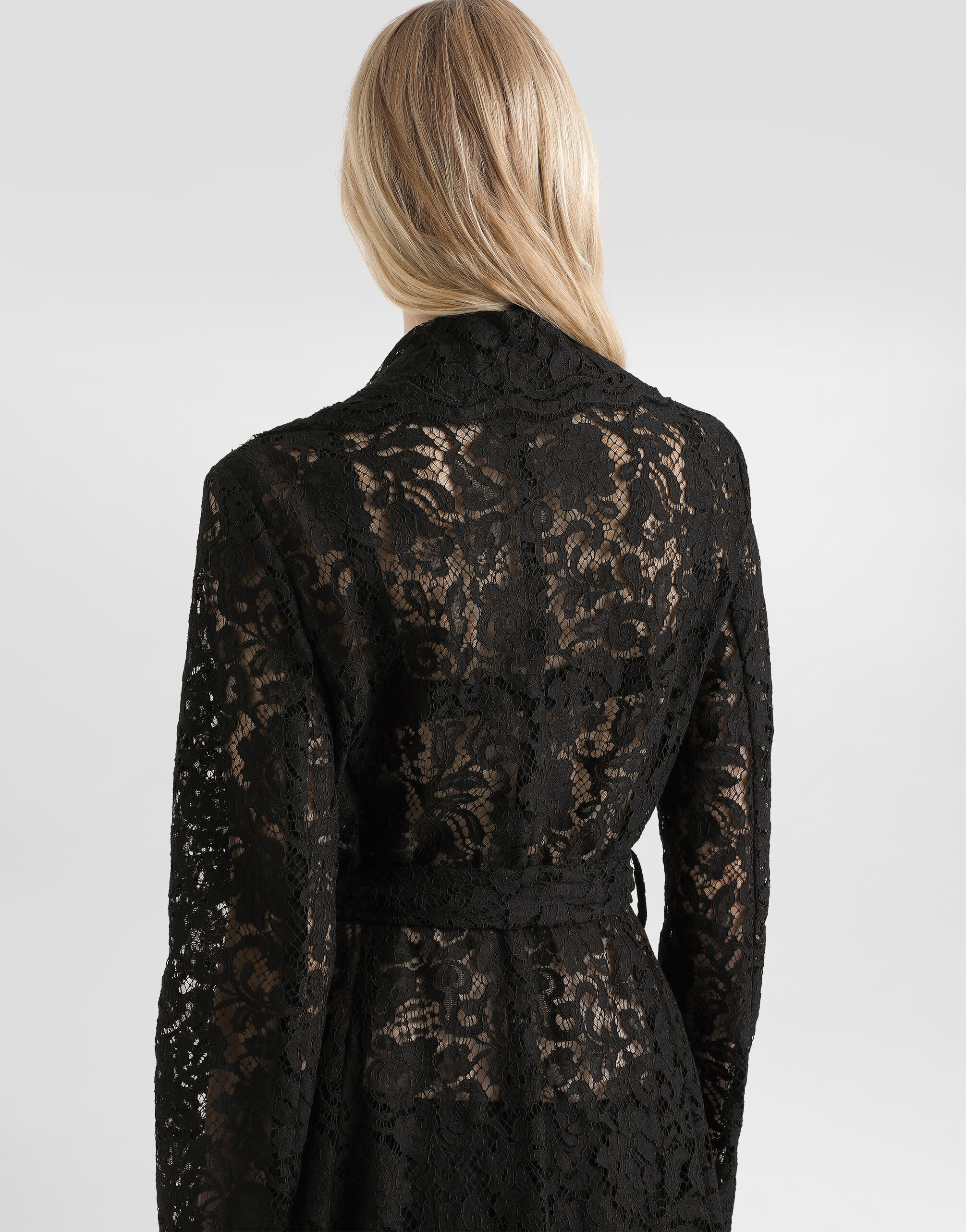 Long double-breasted cordonetto lace coat in Black for Women