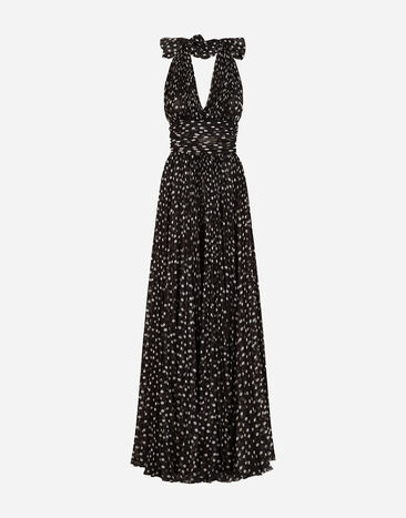 Dolce & Gabbana Long dress in polka-dot print chiffon Black F6J7XTFSMQ7