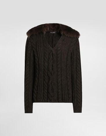 Dolce & Gabbana Wool pullover with fur collar Brown GXY47TJGMB5